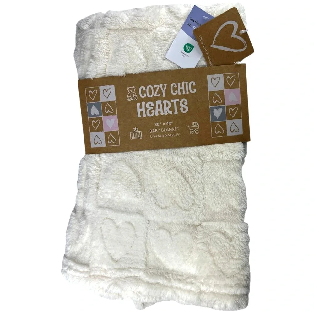 Cozy Chic Hearts Beige Baby Blanket SOFT 30x40 Imprint Unisex Lovey Security NWT